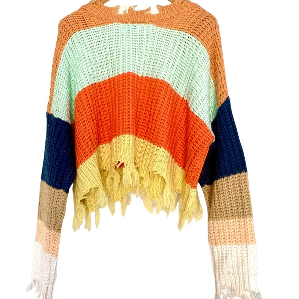 STORIA Distressed Color Block Cropped Sweater🌈 - Picture 7 of 15